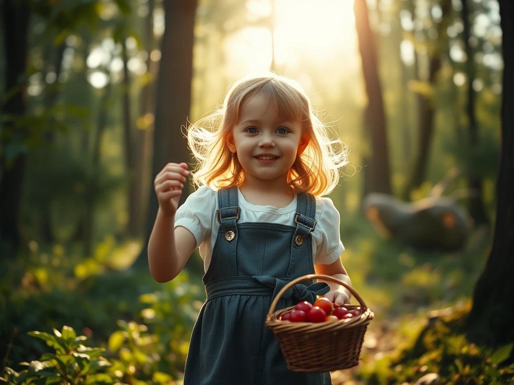 Kleines Mädchen sammelt Kirschen im Wald, helles Licht