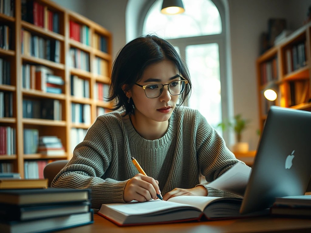 Junge Frau mit Brille vor Bücherregalen arbeitet mit Stift, Büchern und Macbook