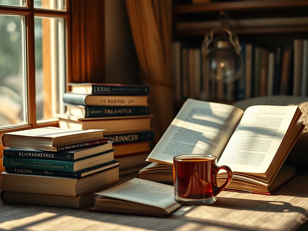 Offenes Buch und Bücherstapel vor Fenster und auf Holztisch mit Tasse Tee bei gemütlicher Atmosphäre