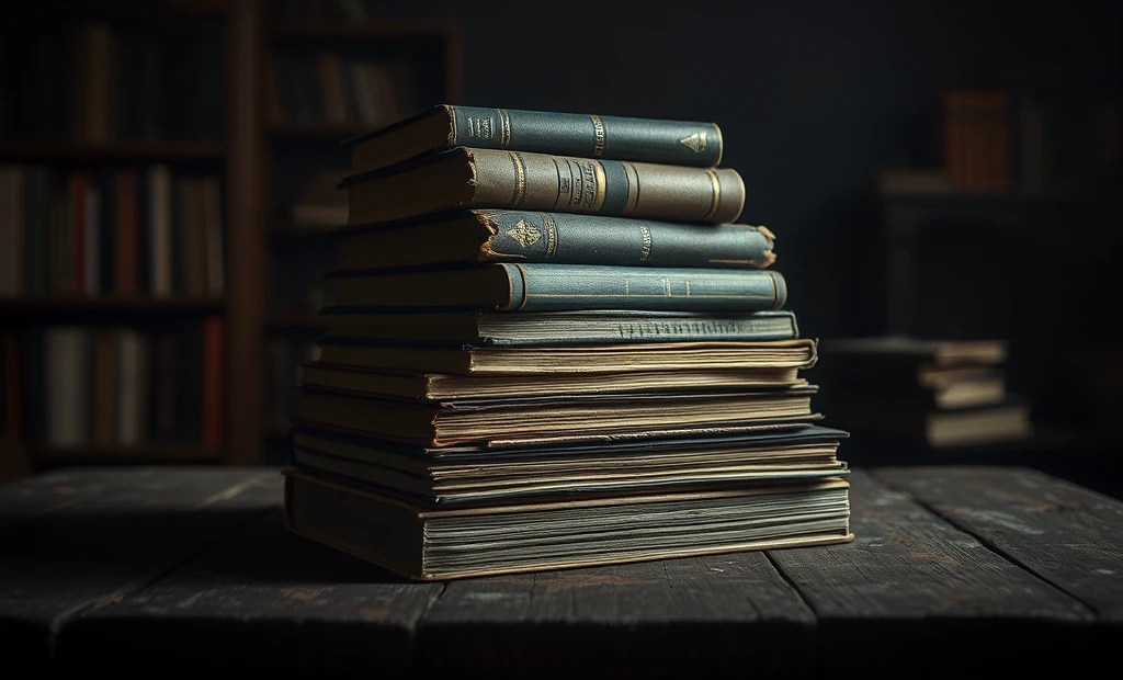 Stapel von Büchern in dunklem Einband, düster, atmosphärisch, schattig