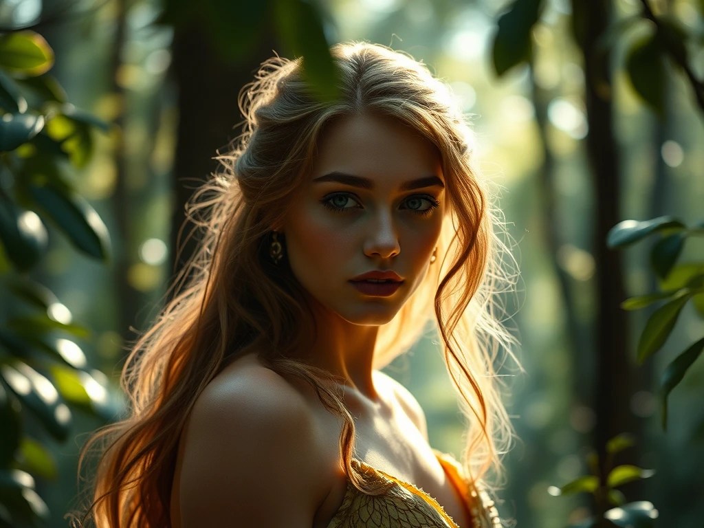 Schöne, elfenhafte junge Frau im Wald, goldenes Licht