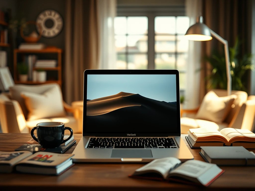 Macbook auf Schreibtisch mit Büchern vor gemütlichem Zimmer