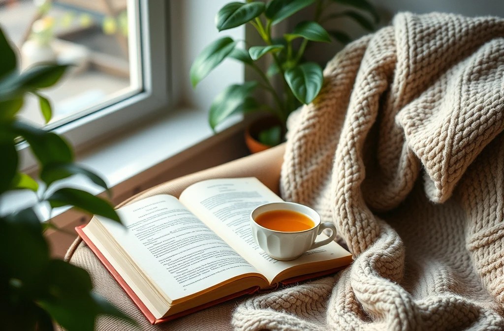 Tasse Tee auf aufgeschlagenem Buch mit gemütlicher Decke und Pflanzen vor Fenster, klar, hell