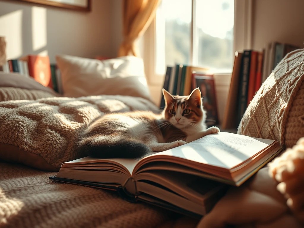 Katze liegt auf aufgeschlagenen Büchern auf Kissen, Im Hintergrund sind Bücher und ein Fenster