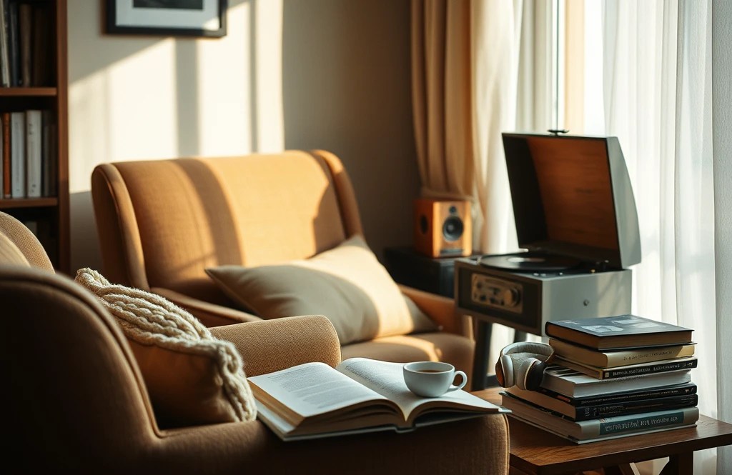 Buch und Kaffee auf zwei Sofas neben einem Schallplattenspieler