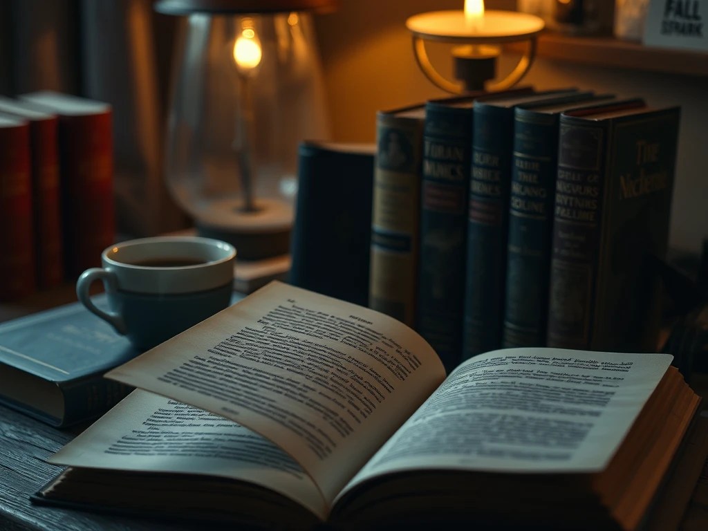 Aufgeschlagenes Buch vor dunklen Büchern im Kerzenlicht