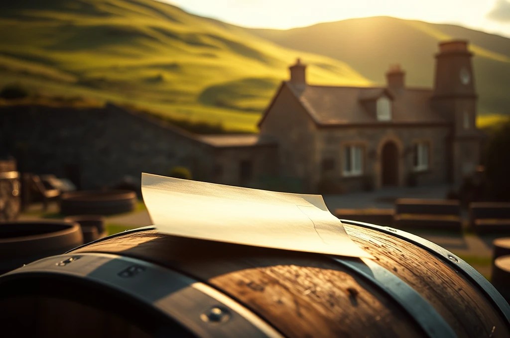 Whiskyfass vor einem alten Gutshaus vor grünen Hügeln