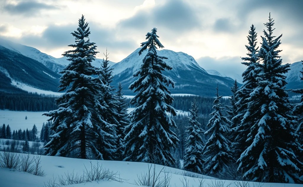 Verschneite Tannenbäume an Nordschwedens Polarkreis
