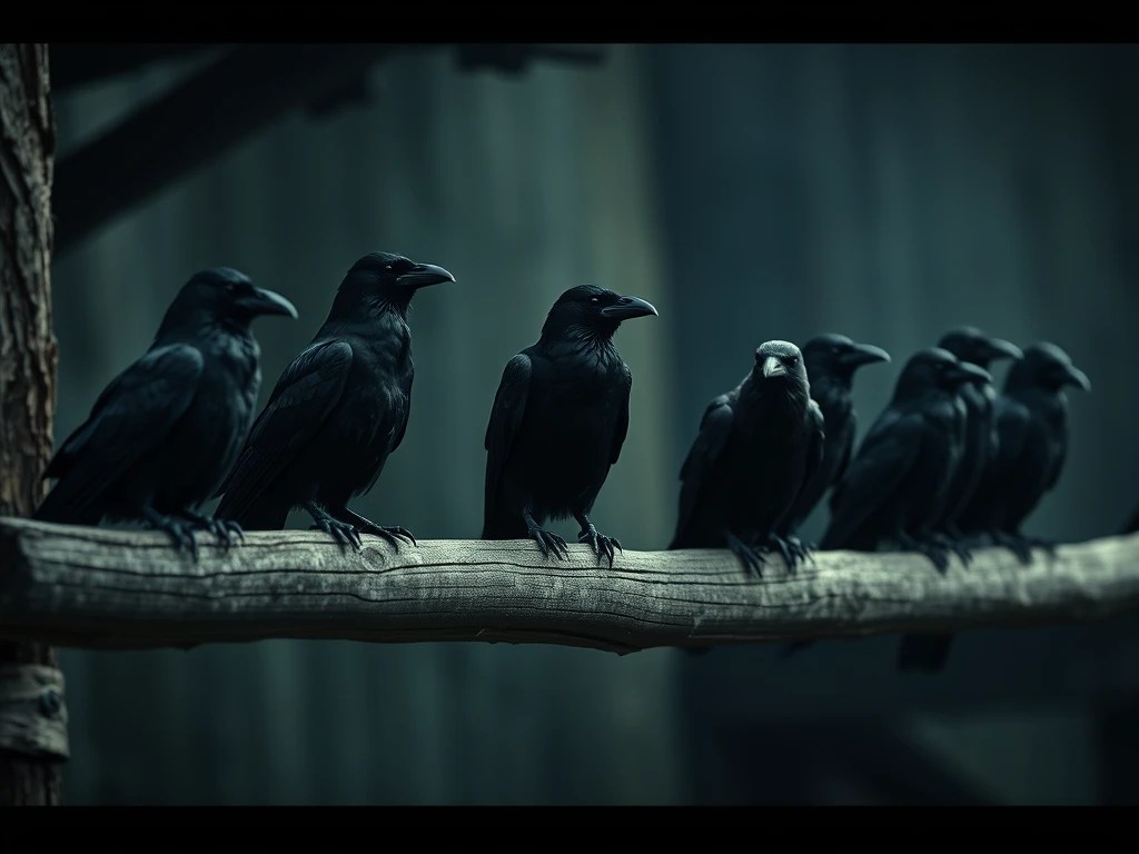 Acht Raben auf einer Stange, düster
