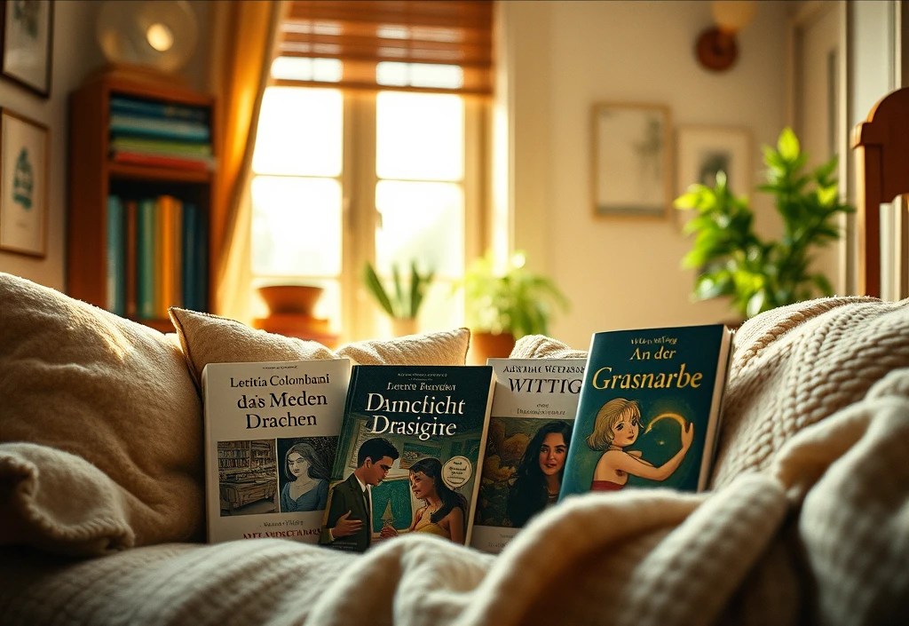 Vier Bücher auf einer Coach, die mit einer Decke bedeckt ist vor einem hellen Fenster und Bücherregalen