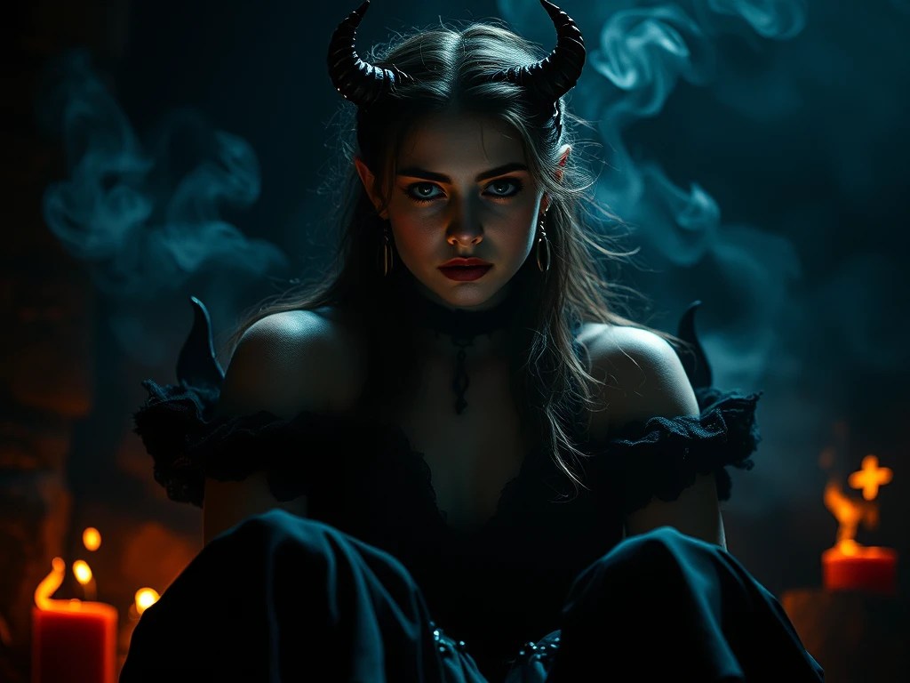 Schöne, junge Frau mit schwarzen Hörnern, düster