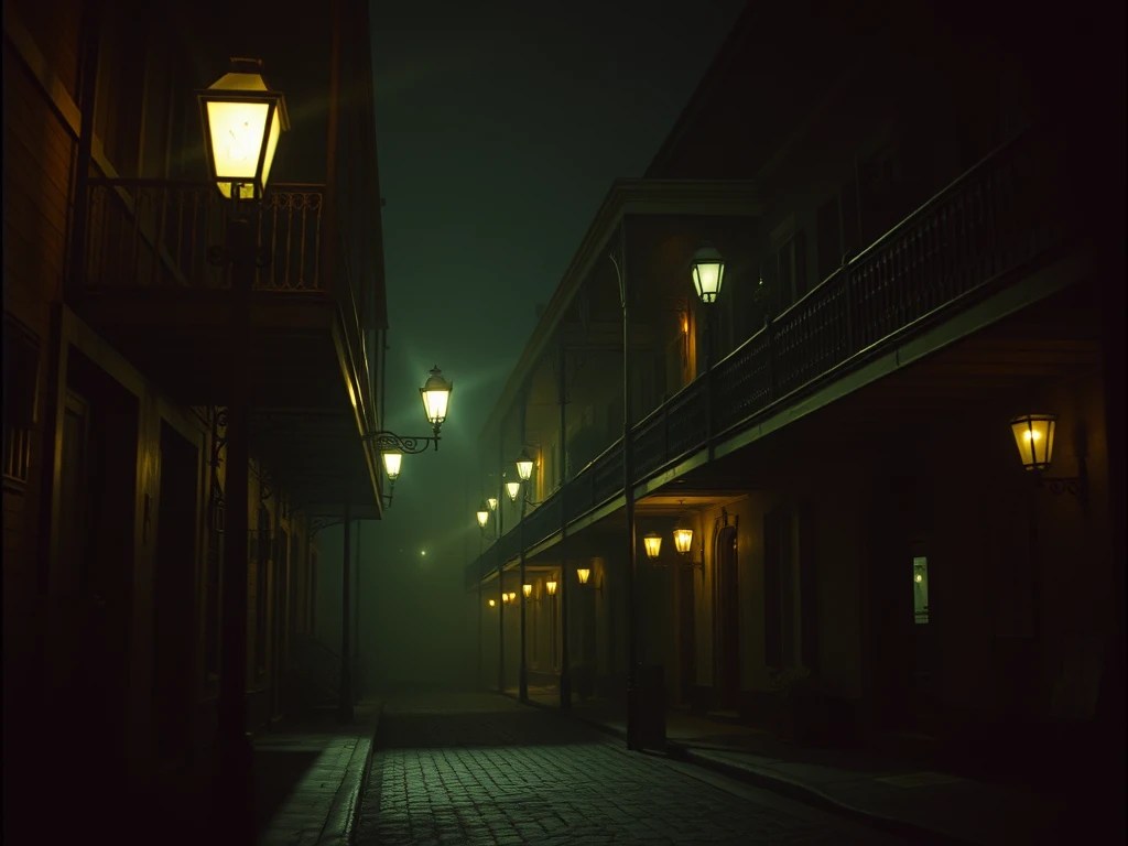 Dunkle Häusergasse, Straßenlaternen, düster, in New Orleans