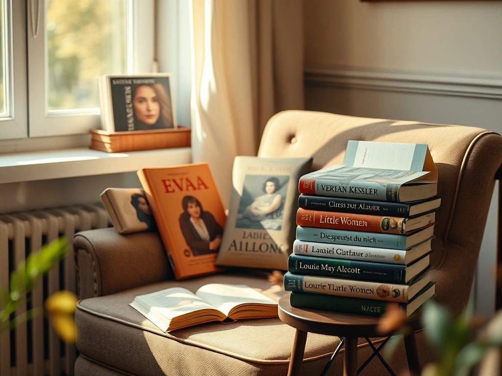 Bücher vor einem hellen Fester, auf einem Beistelltisch und einem Sessel