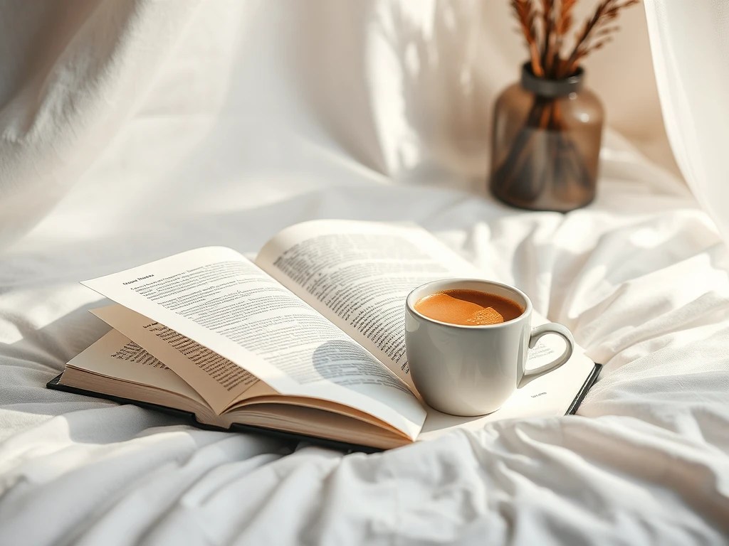 Buch und Kaffee auf weißem Laken. Hell, gemütlich.
